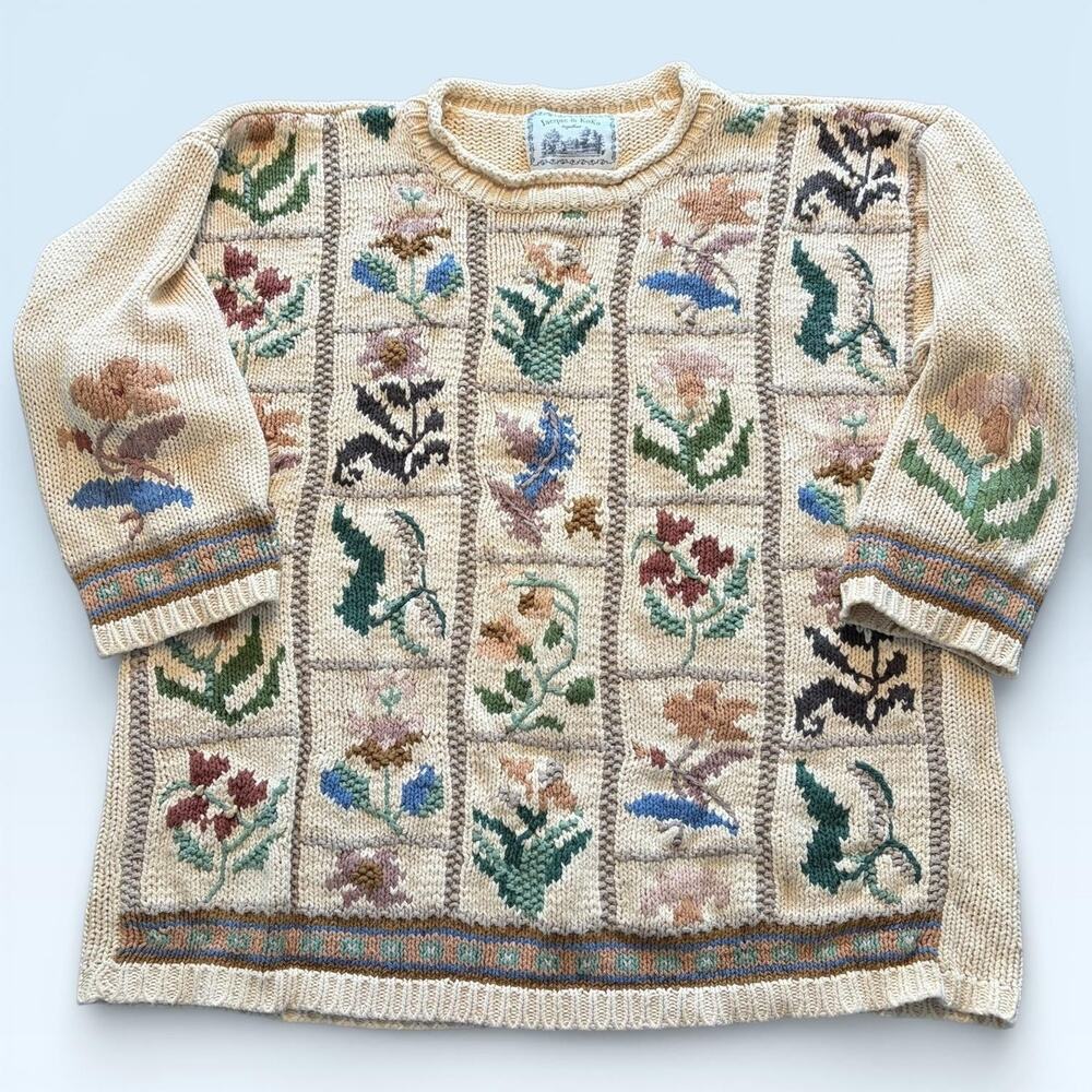 Vtg Jacque & KoKo Sweater 14/16 Beige Floral Ramie Cotton